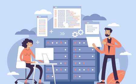 Website architecture concept. PHP and MySql. CMS content management system. Web development. Software testing. Interface design, Graphic elements set. Vector illustration in flat style.のイラスト素材