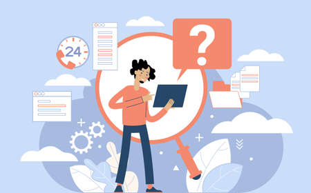Website menu help concept. Online guides. Support landing page sections. Frequently asked Questions. Metaphor contact us. Help user interface. Customer assistance user interface elements. Graphic elements set. Vector illustration in flat style.のイラスト素材