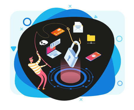 Hacker attack and web security vector concept, phishing scam. Netwrok and internet security. Anti virus, spyware, malware. 3d isometric vector illustration.のイラスト素材
