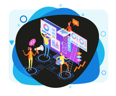 Seo optimization concept. Team work together on web design. Isometric infographics or banner. Development group characters. Flat isometric vector illustration.のイラスト素材