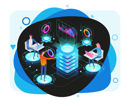 People in the team analyze diorrams and graphics. Data visualization concept. 3d isometric vector...