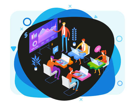 Financial management concept. Collaboration concept with collaborative people. Isometric business analysis planning. Flat isometric vector illustration.のイラスト素材