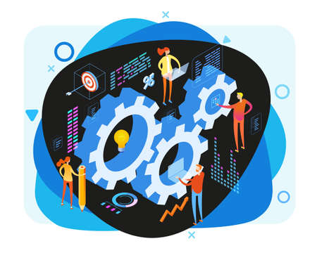 Organization and management of the workflow. Design and automation of work processes. Increase the productivity of your office. Banner template. Flat isometric vector illustration.のイラスト素材