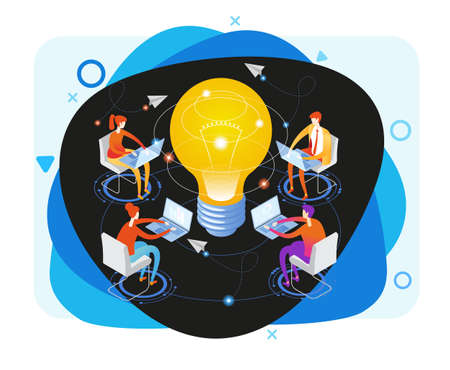 Brainstorm. Team in search of new solutions ideas. Internet assistant. Effective online promotion. Coordinated team work in the company. Remote Manager. Flat isometric vector illustration.のイラスト素材