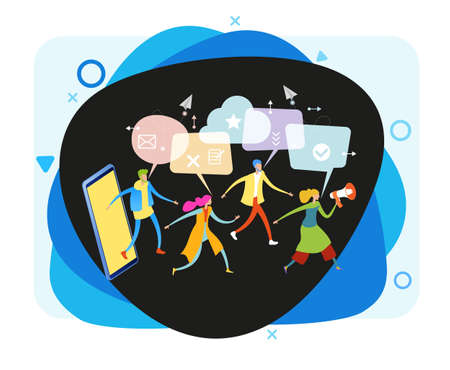 Referral marketing. Promotion method. Refer a friend loyalty program. A group of people come out of a smartphone. Men and women with speech bubbles and icons. 3d vector isometric illustration.のイラスト素材