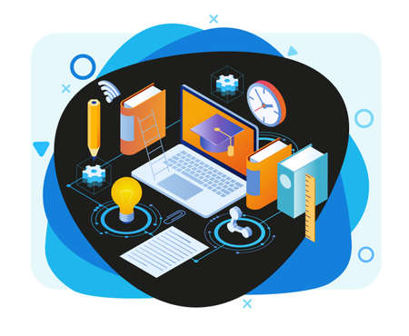 Laptop book electronic library and cloud computing conceptual images. Modern design concept of Online Education. 3d isometric vector illustration.のイラスト素材