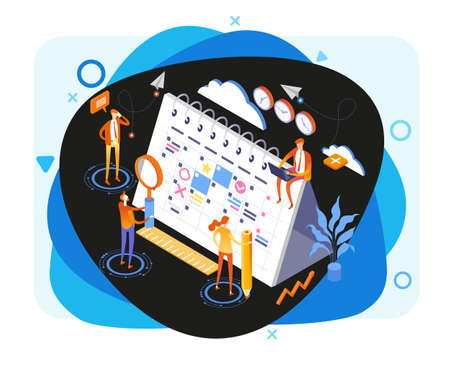 Concept or planner. Management and presentations. People interact with a calendar surrounded by business icons. Web banner. Flat isometric vector illustration.のイラスト素材