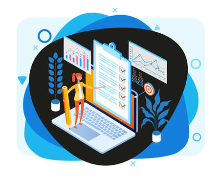 Business woman with a giant pencil nearby marked checklist on a clipboard paper. Successful completion of business tasks. Page template. 3d isometric illustrationのイラスト素材