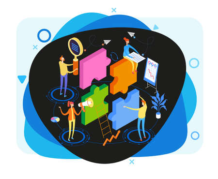 Startup team. People interact with each other, with computers, graphics, puzzles. Goal thinking. Modern 3d isometric vector illustration of web page. Design concept. Cooperation construction by agency group.のイラスト素材