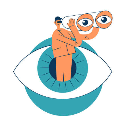 Big human eye and a man with binoculars. Business goal search concept. The eyes look ahead. Strategy Vision of the future.のイラスト素材