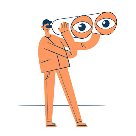 Man looking through binoculars. Business goal search concept. The eyes look ahead. Strategy Vision of the future.のイラスト素材