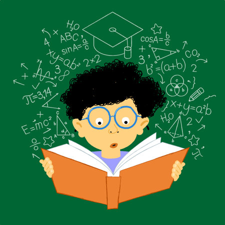 Boy with a book in his hands surrounded by icons. education concept. student boy. hand drawn illustrationのイラスト素材