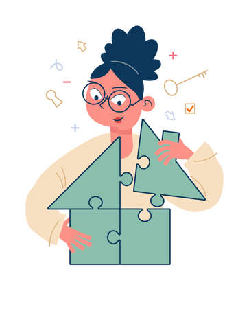 Cartoon man collects a puzzle with a house. Real Estate Ownership Concept. dream home, mortgage. Modern flat vector illustration for banner.のイラスト素材