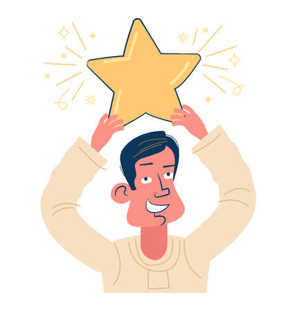 A cute cartoon man holds an award in his hands. Pride accomplishments. Certificate or concept with honors.のイラスト素材