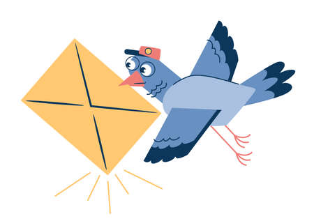 Cartoon bird is carrying an envelope. mailing service. Messaging, contact, chatting, communication concept. fly courier.のイラスト素材