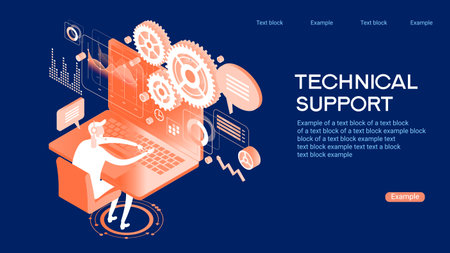 Technical support concept. Modern business technology. Technical support engineer with computer at work. Design concepts for web banners. 3D vector isometric illustration.のイラスト素材