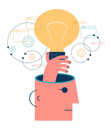 Human head and hand holding a lightbulb. Business idea, plan strategy and solution concept. Big idea, thinking, innovation. business start up.のイラスト素材