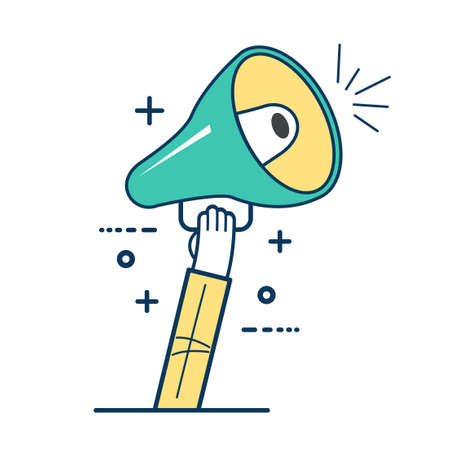 Hand is holding a megaphone loudspeaker. Business marketing and advertising. Promotion banners. sticker designのイラスト素材