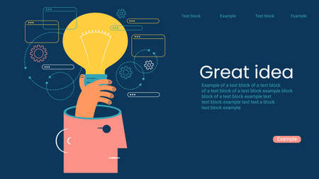 Human head and hand holding a lightbulb. Business idea, plan strategy and solution concept. Big idea, thinking, innovation. business start up.のイラスト素材