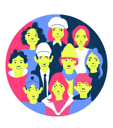 Group of people of different nationalities and cultures. people background. The crowd of abstract people. Shoulders avatars. Bright people portrait set. Vector illustration in flat design.のイラスト素材