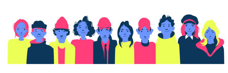 Group of people of different nationalities and cultures. people background. The crowd of abstract people. Shoulders avatars. Bright people portrait set. Vector illustration in flat design.のイラスト素材