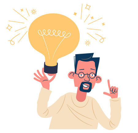Man with a big light bulb. Business idea, plan strategy and solution concept. Big idea, thinking, innovation. business start up.のイラスト素材