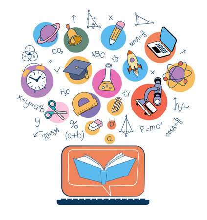 Back to school vector banner design. Set education items in a background. Web page template.のイラスト素材