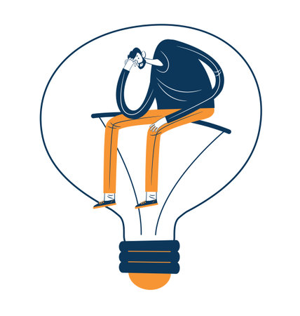 Man with a big light bulb. Business idea, plan strategy and solution concept. Big idea, thinking, innovation. business start up.のイラスト素材