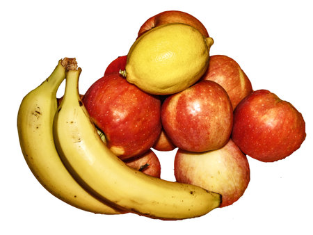 apples, bananas and lemon isolated on whiteの写真素材