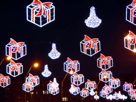 Christmas decorations in the shape of a gift boxes, made of lights, in Baia Mare city, Romaniaの写真素材