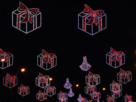 Christmas decorations in the shape of a gift boxes, made of lights, in Baia Mare city, Romania