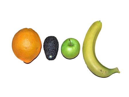 orange, green apple, avocado, banana isolated on white