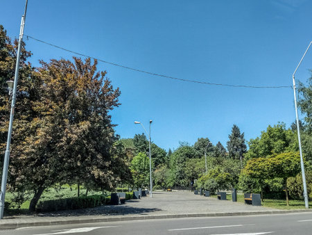 space with benches and trees in Baia Mare city, Romania