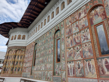 Oradea, Romania - July 11 2022: Painting on the outer wall of the Holy Cross Orthodox Monasteryのeditorial素材