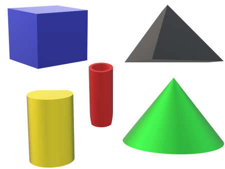 different colored geometric 3D shapes. Illustration