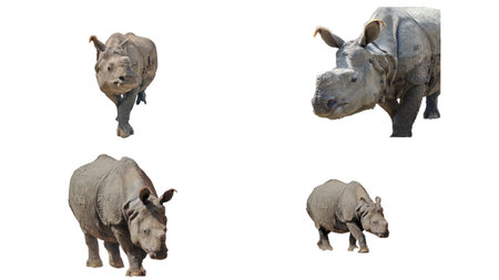 Collage with Indian rhinoceros isolated on white backgroundの写真素材