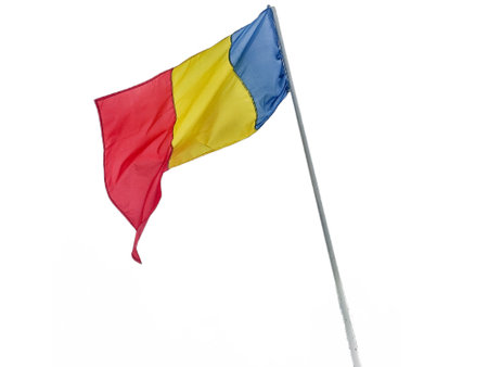 Romanian flag isolated on white backgroundの写真素材