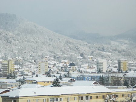 Buildings and snow in Baia Mare city, Romania, in January 2019の写真素材