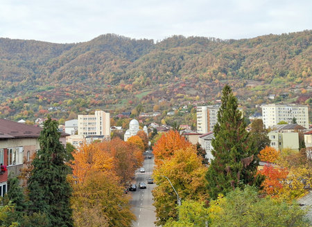 Autumn landscape on a street in the city of Baia Mare, Romaniaの写真素材