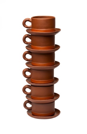 Tea cups and saucers on a white backgroundの写真素材