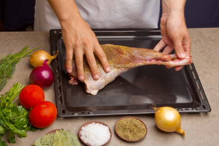 chef preparing the meat a lambの写真素材