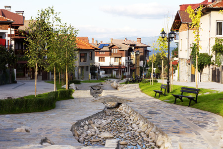 Street view and stone paved road, Bansko, Bulgariaの写真素材