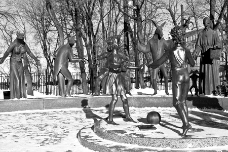 Moscow, Russia - February 02, 2017: Drug addiction, prostitution, theft. Detail of the monument "The children victims of adult vices", Bolotnaya Square, Moscowのeditorial素材