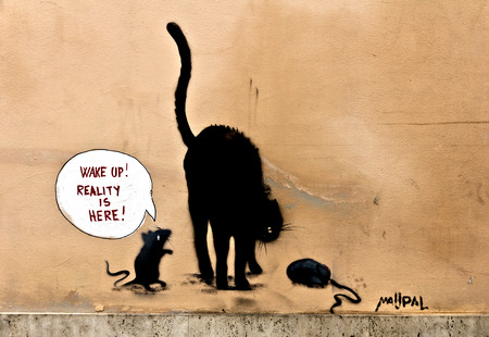 Rome, Italy - April 18, 2017: Old house wall covered with drawing in Trastevere district. Rome, Italy.のeditorial素材