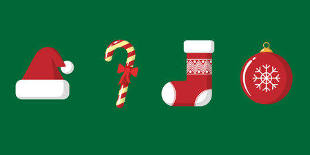 Christmas stuff like Christmas hat, Christmas stocking, candy cane, Christmas ballのイラスト素材