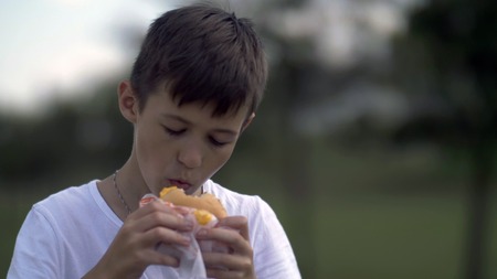 boy eats a burger in the park in the eveningの写真素材