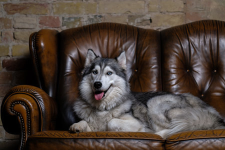 beautiful fluffy husky sits on a brown leather sofa. portrait of a husky dog close up. adult husky dogの写真素材