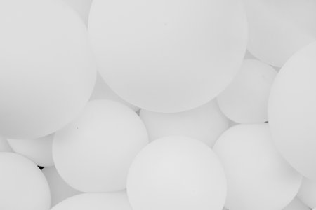 A lot of white balloons, background. Many white balloons, inflatable balls, background of white and gray circles. Holiday concept. Abstract background.Black and white photoの写真素材
