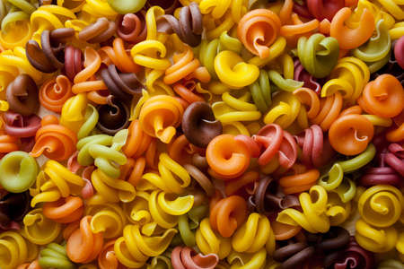 Colored pasta in the form of a spiral. Close-up of raw multi-colored rotini. Multicolored italian pasta, scattered on a white wooden background. Dry Italian pasta in five colors. space for textの写真素材