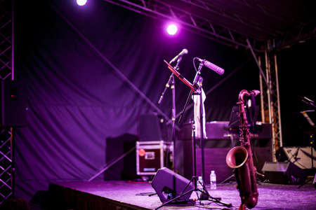 Saxophone Instrument on the Stage, photo close-up.の写真素材